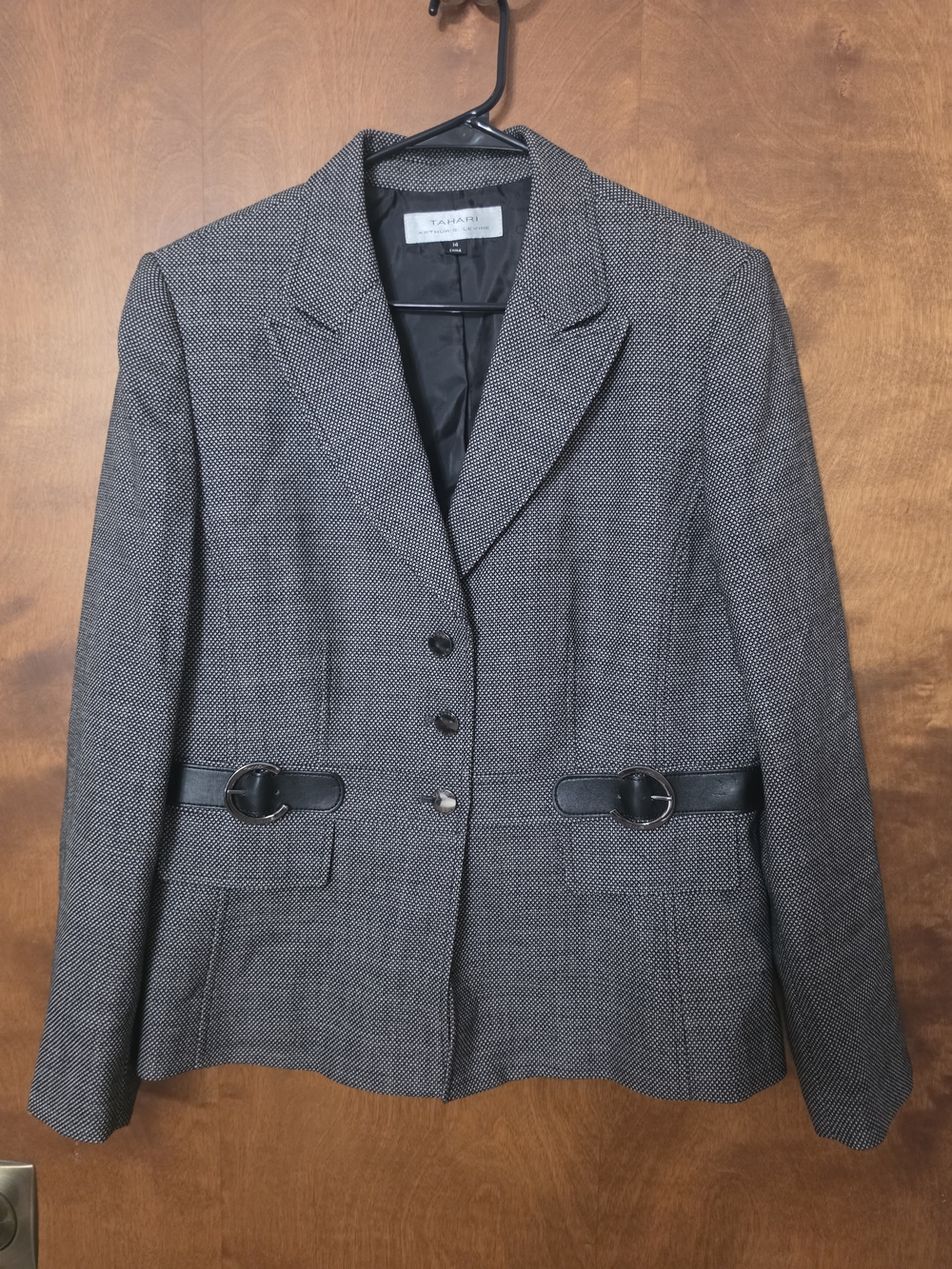 Tahari Gray Herringbone Blazer with Black Belt Accents